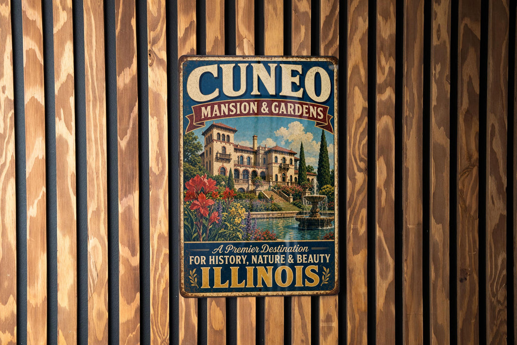 a vintage metal sign for Cuneo Mansion & Gardens, which is a Premier Destination for History, Nature & Beauty in Illinois.