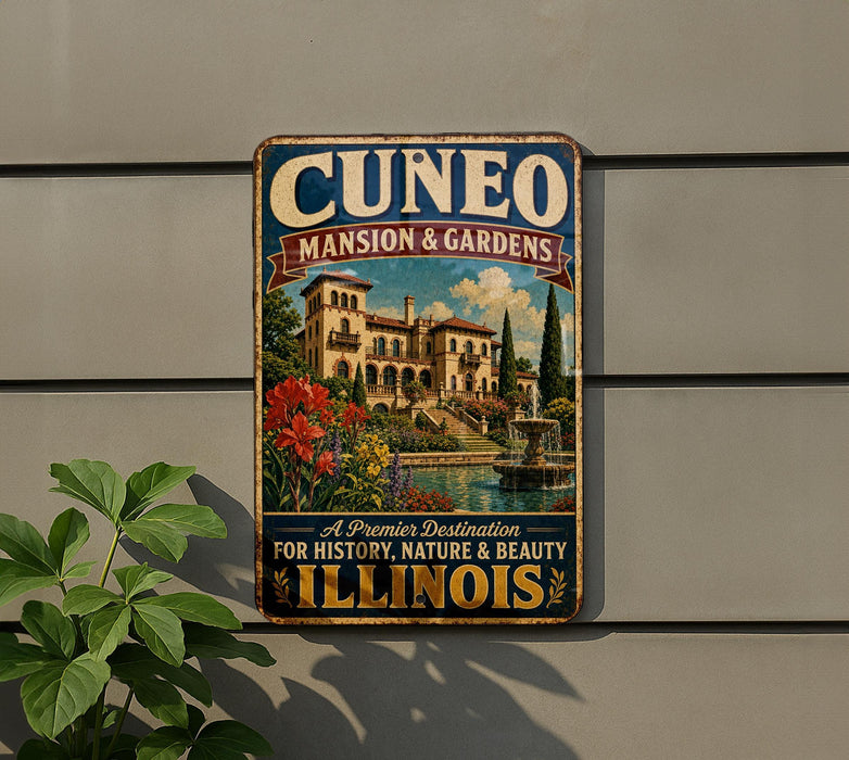 a vintage-style sign for Cuneo Mansion & Gardens, which is a premium destination for history, nature, and beauty in Illinois.
