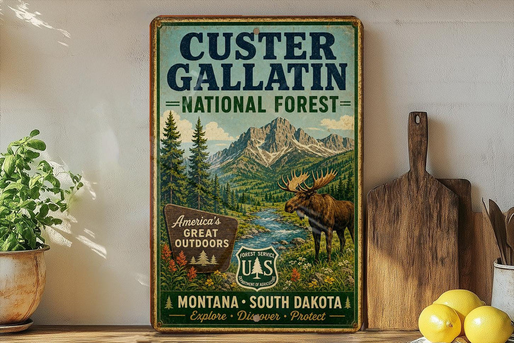 A vintage-style poster advertising Custer Gallatin National Forest, featuring a moose, mountains, and a river, is displayed on a wall next to a wooden cutting board and some potted plants.