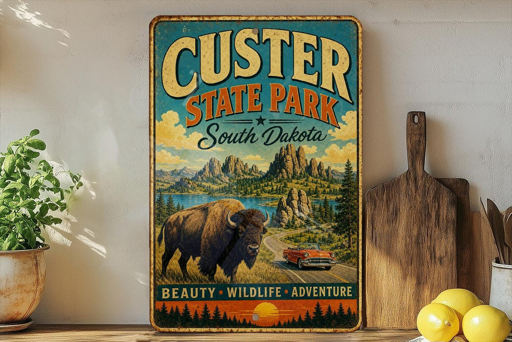 A vintage-style metal sign for Custer State Park in South Dakota, featuring a scenic landscape with a buffalo and a car driving on a road.