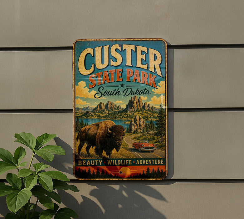 A vintage metal sign for Custer State Park in South Dakota, featuring a buffalo and a red car in a scenic landscape.