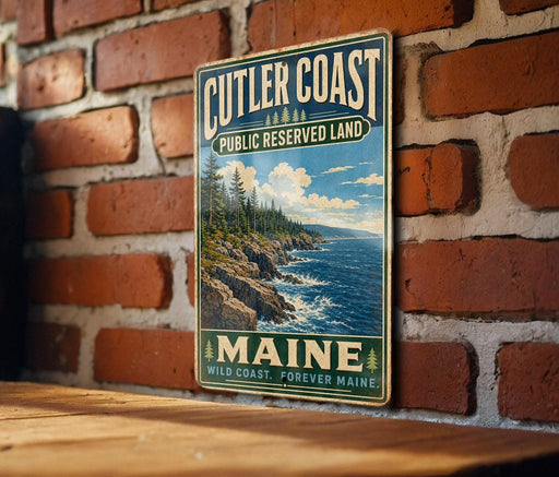 A vintage metal sign for Cutler Coast, Maine, featuring a scenic coastal landscape with rocky cliffs, pine trees, and the ocean.
