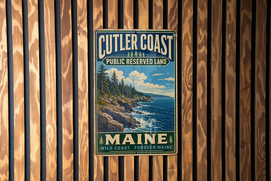 A vintage metal sign for Cutler Coast Public Reserved Land in Maine, featuring a scenic coastal landscape with pine trees, rocky cliffs, and the ocean.