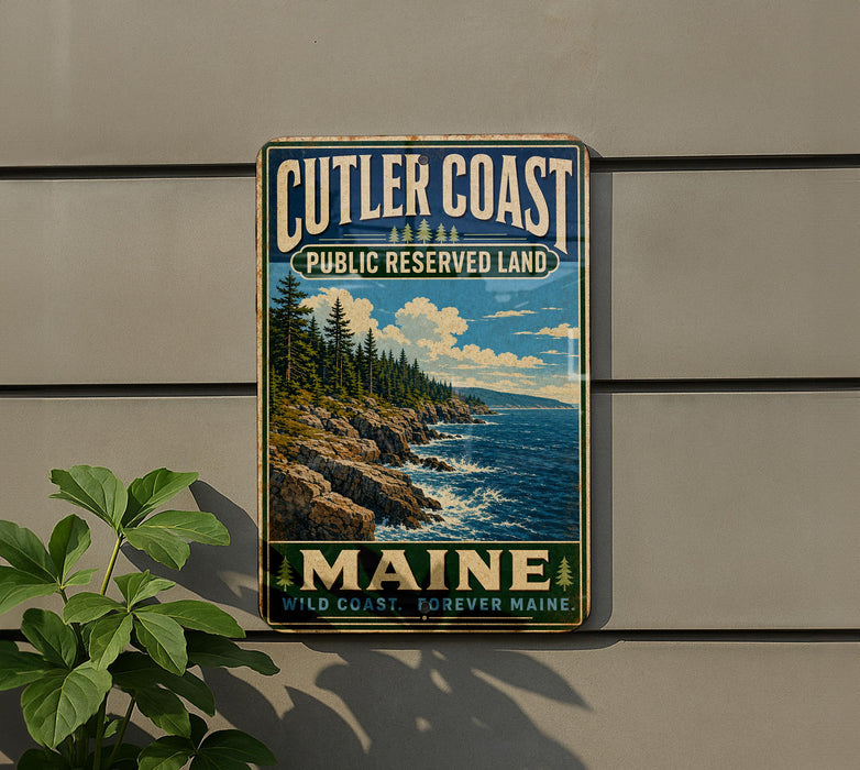 A vintage metal sign for Cutler Coast Public Reserve Land in Maine, featuring a scenic coastal landscape with rocky cliffs, pine trees, and a blue sky with clouds.