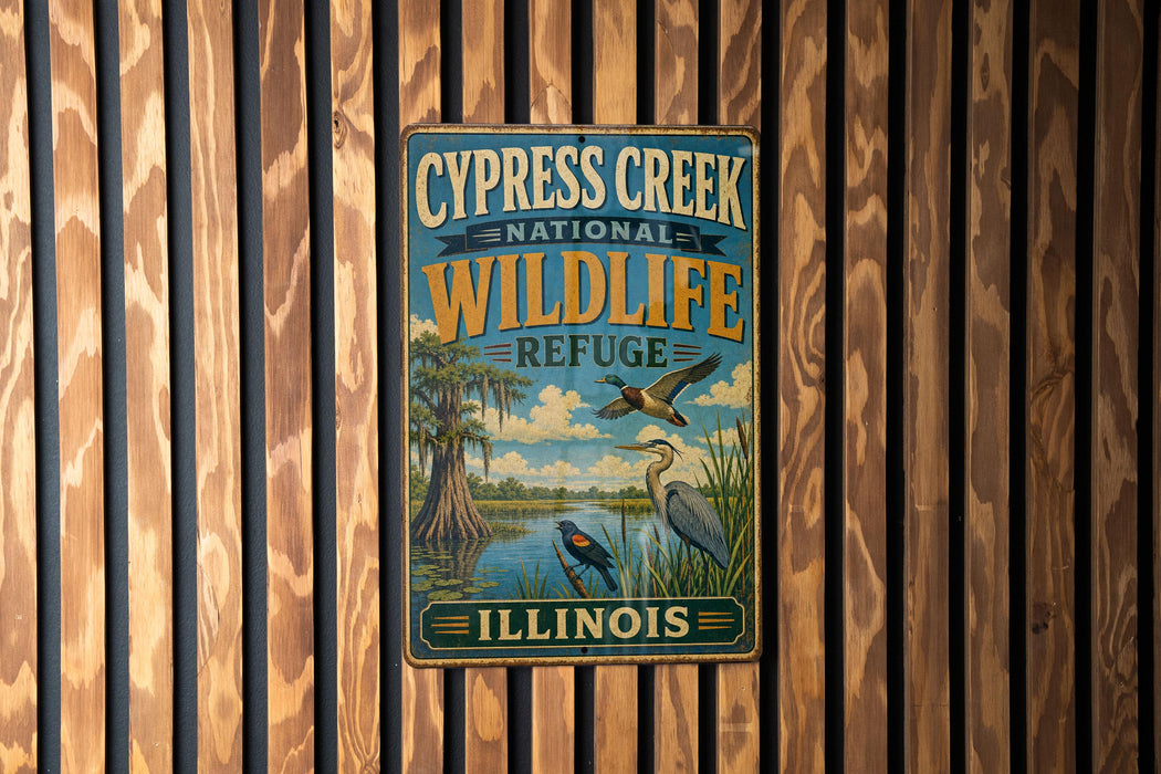 A vintage-style metal sign for the Cypress Creek National Wildlife Refuge in Illinois, featuring an illustration of wildlife in a natural setting.
