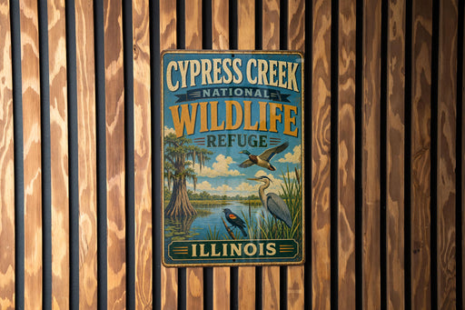 A vintage-style metal sign for the Cypress Creek National Wildlife Refuge in Illinois, featuring an illustration of wildlife in a natural setting.