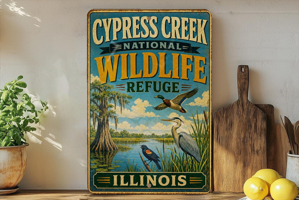 a vintage-style sign for the Cypress Creek National Wildlife Refuge in Illinois, with illustrations of birds and a natural landscape.