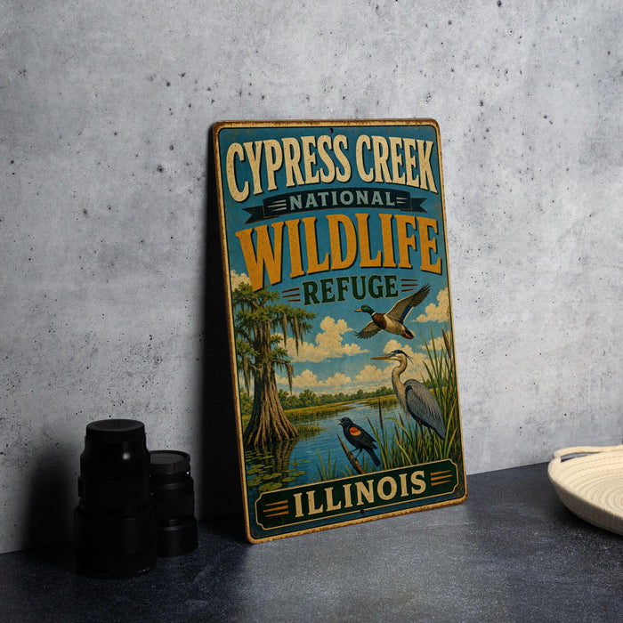 A vintage-style metal sign for the Cypress Creek National Wildlife Refuge in Illinois, featuring illustrations of wildlife and a river.