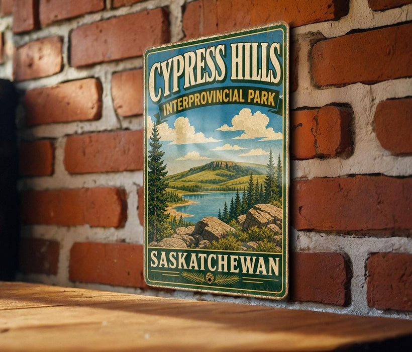 A vintage-style sign for Cypress Hills, an interprovincial park in Saskatchewan, Canada, featuring a scenic landscape with mountains, trees, and a lake.