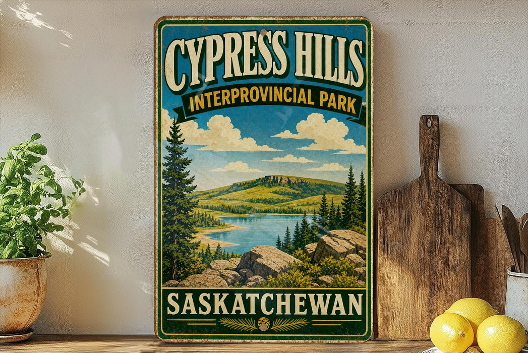 A vintage-style sign for Cypress Hills, an interprovincial park in Saskatchewan, Canada.