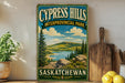 A vintage-style sign for Cypress Hills, an interprovincial park in Saskatchewan, Canada.