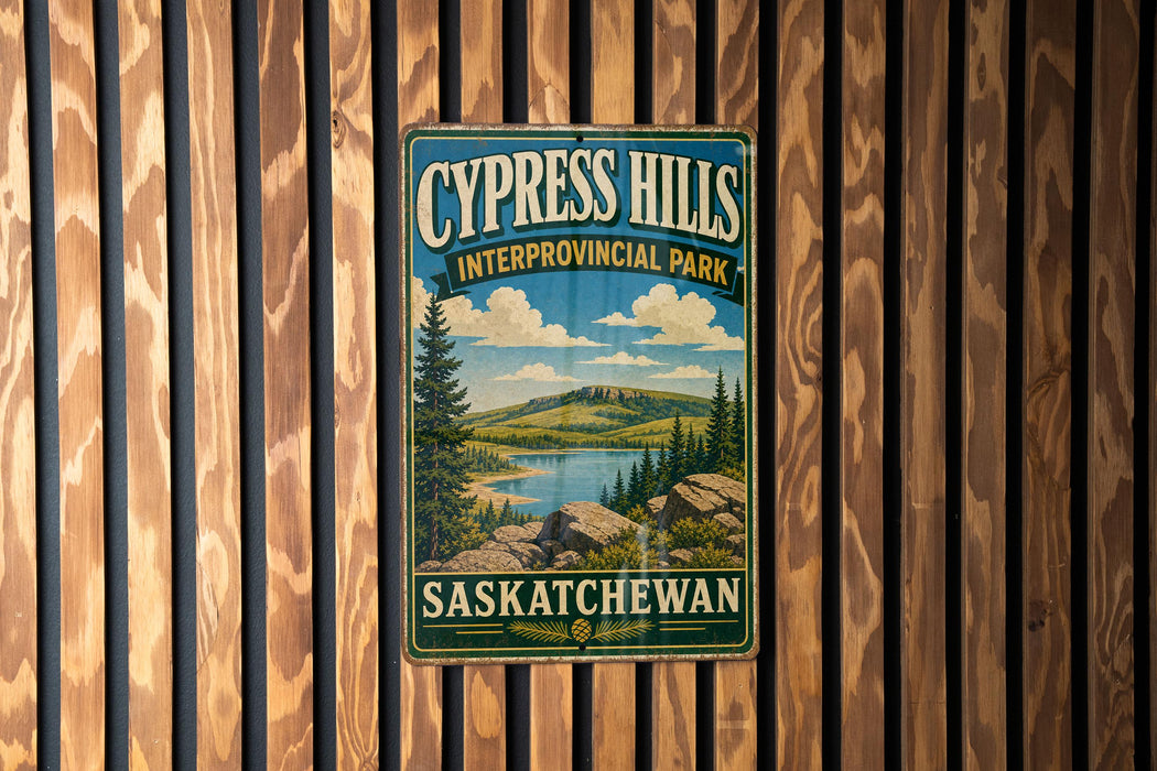 A vintage metal sign for Cypress Hills, an interprovincial park in Saskatchewan, Canada.