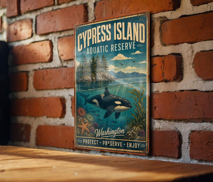 A vintage-style metal sign for the Cypress Island Aquatic Reserve in Washington, featuring an illustration of a whale swimming in the ocean.