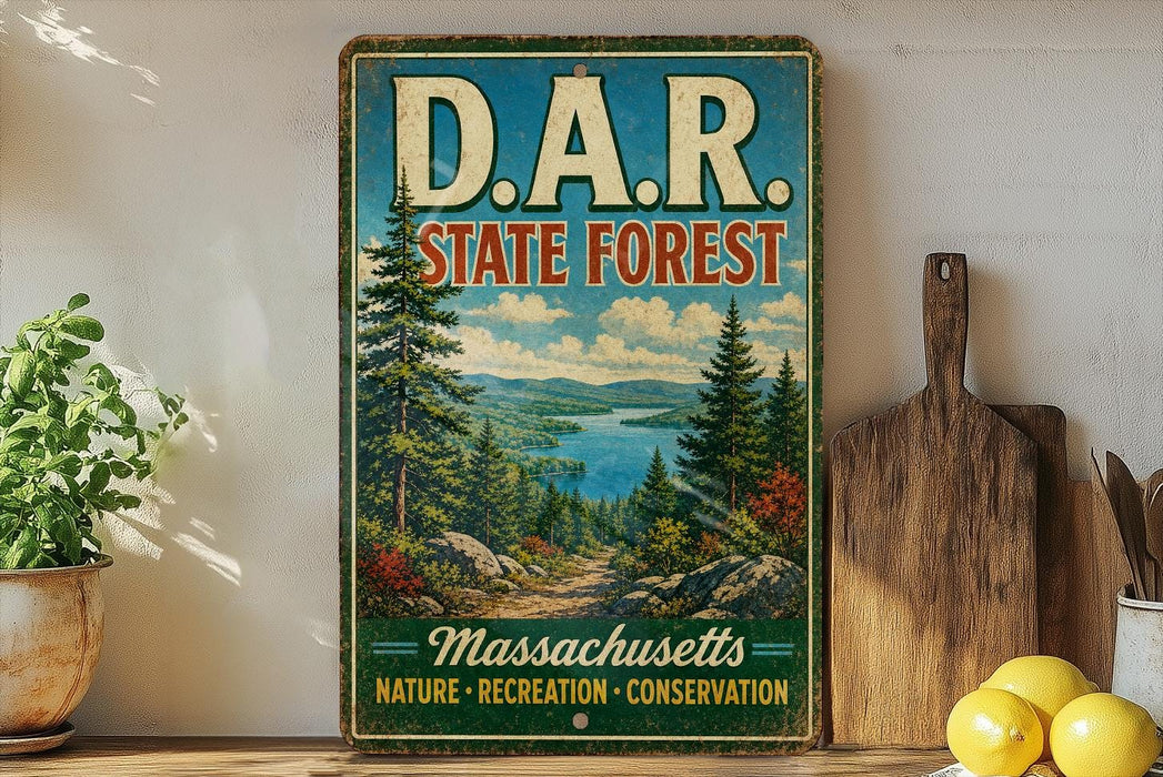 A vintage-style metal sign for the State Forest in Massachusetts, featuring a scenic landscape with pine trees, a lake, and mountains.