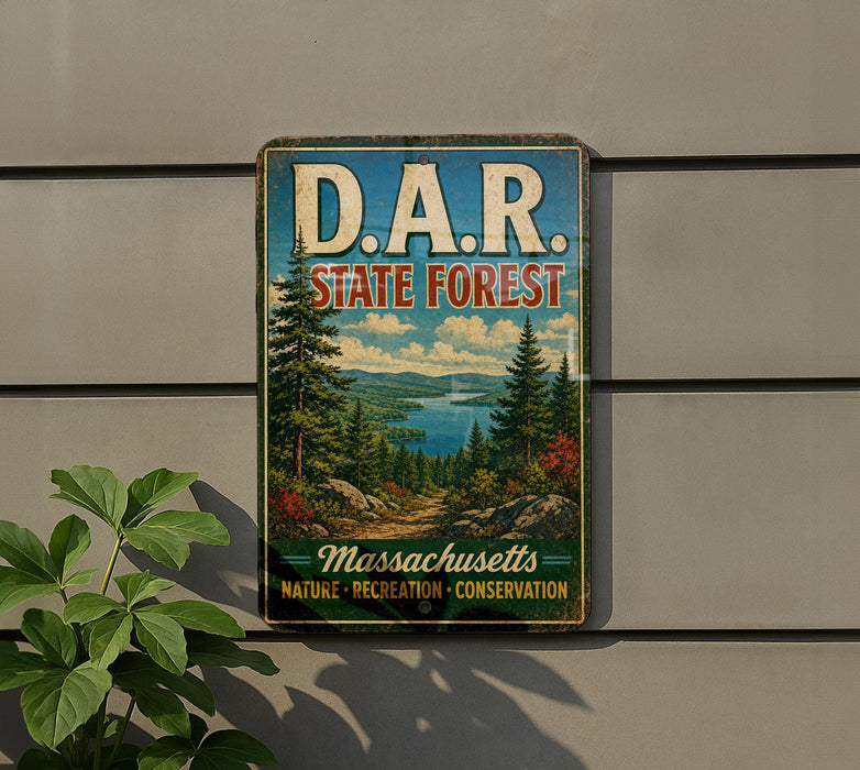 A vintage metal sign for the D.A.R. State Forest in Massachusetts, featuring a scenic landscape with pine trees, a lake, and mountains.