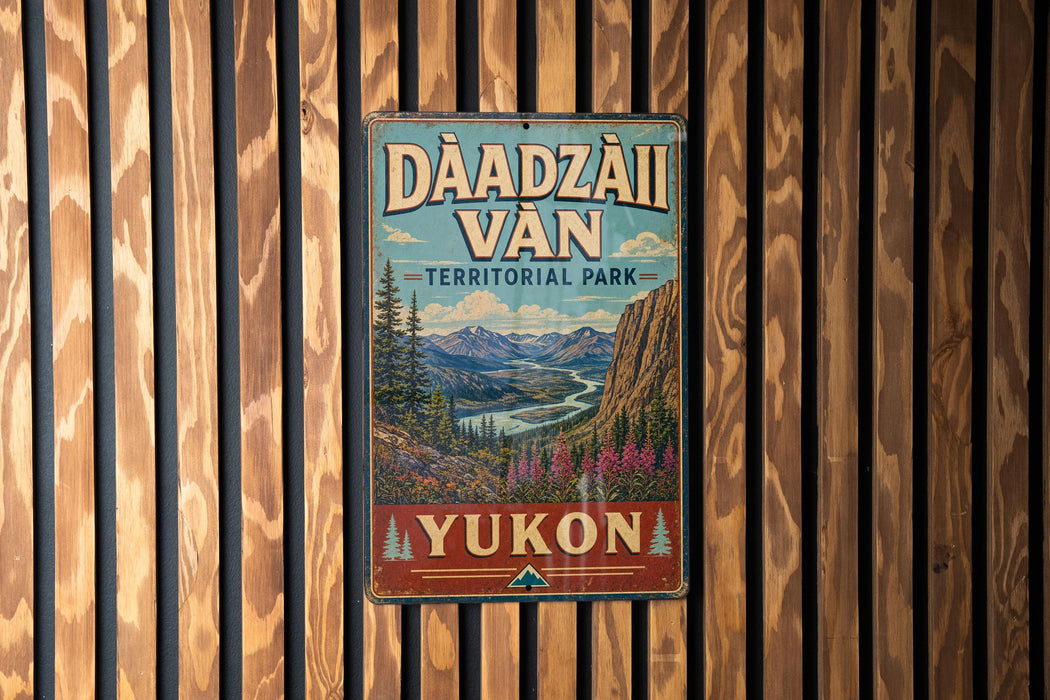 A vintage-style metal sign for Dáadzálí Van, located in Yukon, Canada, hangs on a wooden wall.