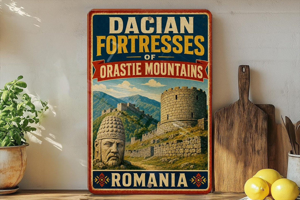 A vintage-style poster advertising the Dacian Fortresses of Oastie Mountains in Romania, featuring a castle and a stone figure.