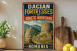 A vintage-style poster advertising the Dacian Fortresses of Oastie Mountains in Romania, featuring a castle and a stone figure.