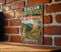 A vintage-style metal sign with the text "DACIAN FORTresseses OF ORASTIE MOUNTAINS ROMANIA" is displayed on a brick wall.