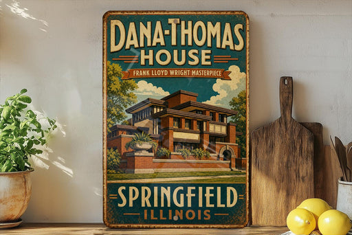 A vintage-style metal sign for Dana Thomas House in Illinois, featuring an illustration of the house and the text "Springfield Illinois" on a wooden shelf.