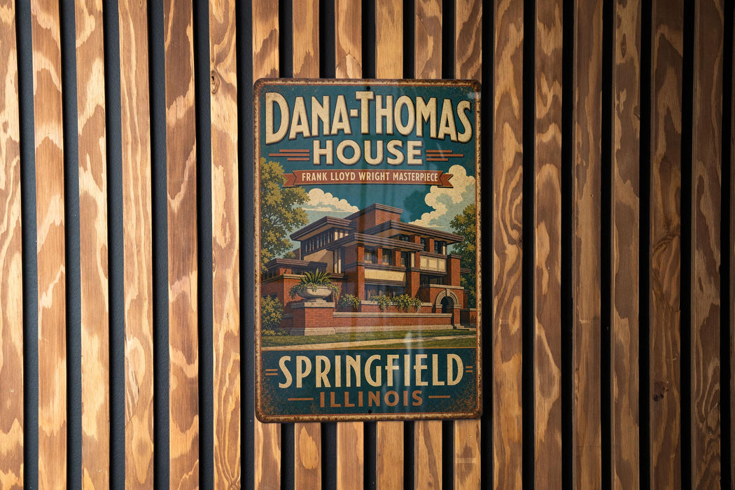 A vintage-style metal sign for the Dana Thomas House in Illinois, featuring an illustration of the building and the text "Dana Thomas House Frank Lloyd Wright Masterpiece Springfield Illinois".