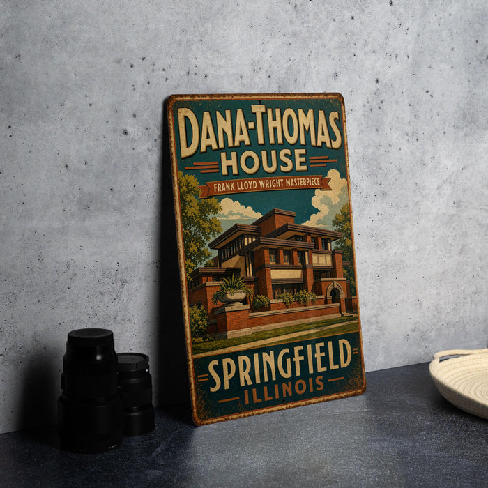 A vintage-style metal sign for the Dana Thomas House in Springfield, Illinois, featuring an illustration of the house and the text "Dana Thomas House Frank Lloyd Wright Masterpiece" and "Springfield Illinois".