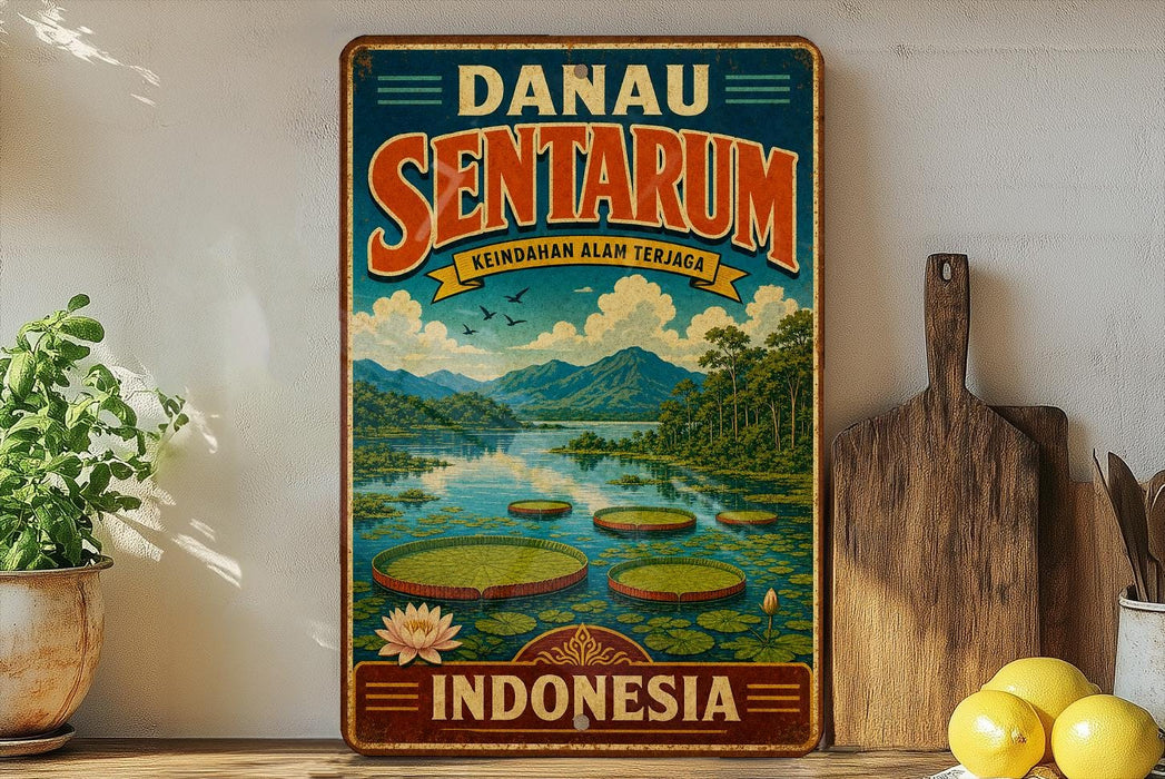 a vintage-style poster of Danau Sentarum, a tropical island in Indonesia, with a serene landscape of water lilies and mountains in the background.