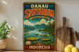 a vintage-style poster of Danau Sentarum, a tropical island in Indonesia, with a serene landscape of water lilies and mountains in the background.