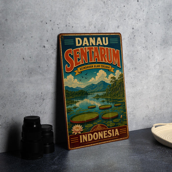 A vintage-style metal sign for Danau Sentorum, a landmark in Indonesia, featuring a scenic landscape with a lake and mountains.