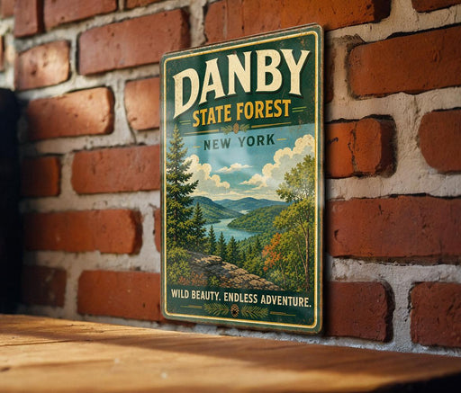 A vintage-style metal sign for the Danby State Forest in New York, featuring a scenic landscape with pine trees, mountains, and a river.
