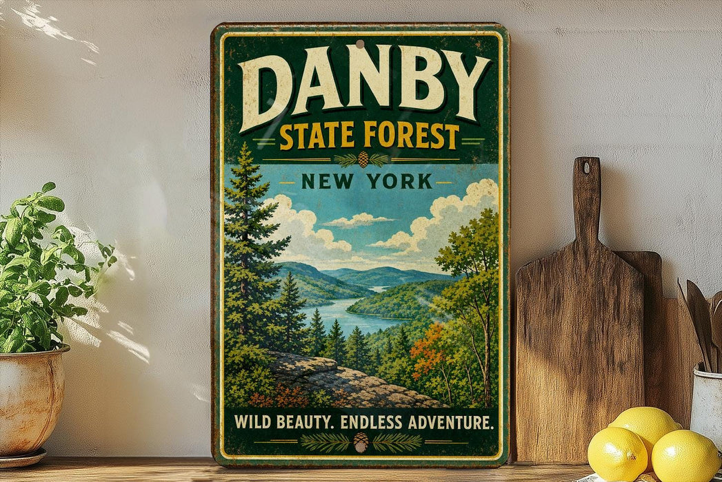 A vintage-style sign for the Danby State Forest in New York, featuring a scenic landscape with pine trees, a river, and mountains.