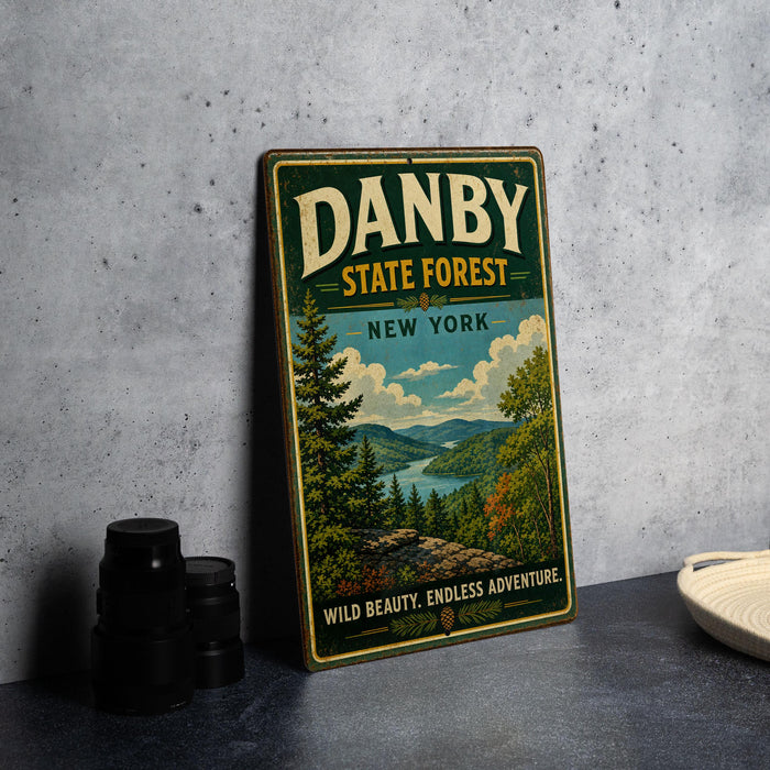 A vintage-style sign for Danby State Forest in New York, featuring a scenic landscape with pine trees, mountains, and a lake.