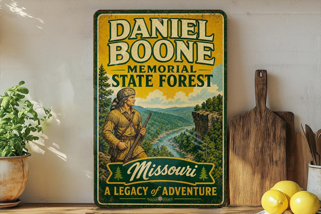 A vintage-style metal sign for the Missouri State Forest, featuring a man in a hunting outfit and a scenic landscape.