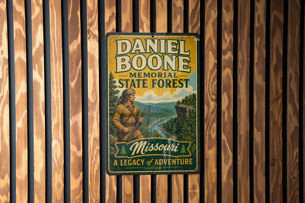 A metal sign with a vintage design hangs on a wooden wall, depicting a man in a historical outfit and the text "Daniel Boone Memorial State Forest Missouri: A Legacy of Adventure".