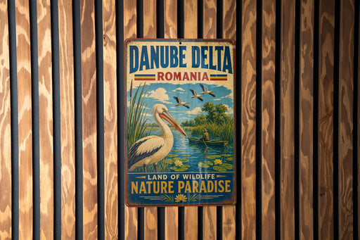 A vintage metal sign with the text "DANUBE DELTA ROMANIA" and an illustration of a pelican standing in a pond surrounded by tall grass and trees.