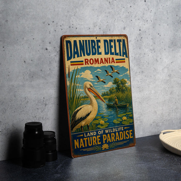 A vintage travel sign for Danube Delta, Romania, featuring a stork and a boat on a lake, with the text "LAND OF WILDLIFE NATURE PARADISE".