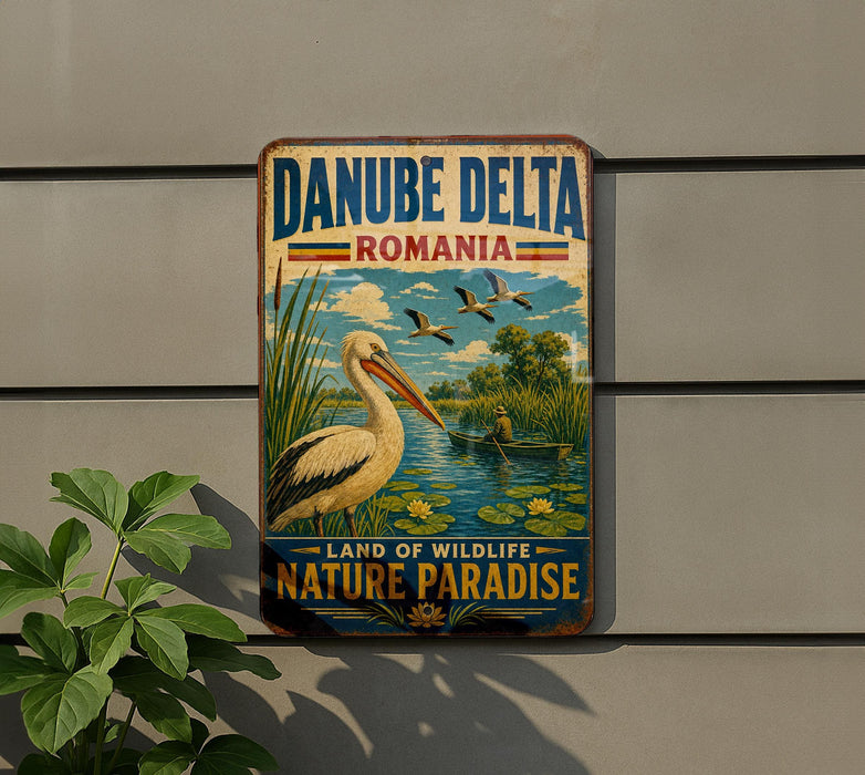 A vintage-style sign for Danube Delta, Romania, featuring a white stork and a serene landscape with a river and birds.