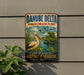 A vintage-style sign for Danube Delta, Romania, featuring a white stork and a serene landscape with a river and birds.