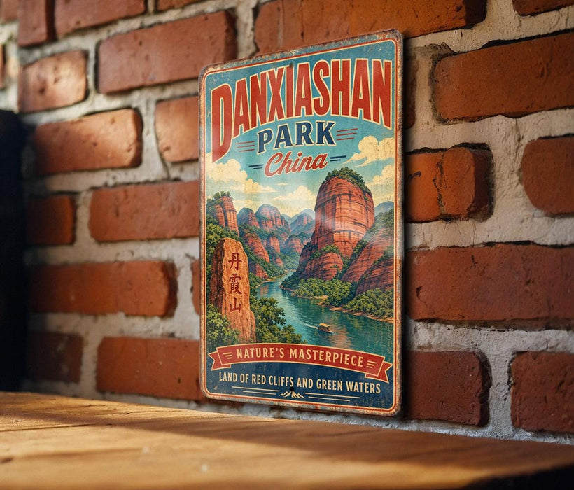 A vintage metal sign with the text "DANXIASHAN PARK CHINA" and a scenic illustration of a mountain landscape with a river.