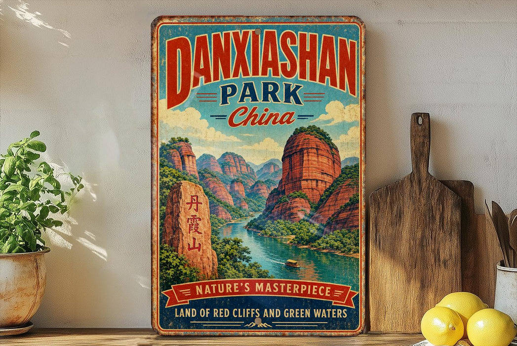 A vintage-style sign for Danxiashan Park, China, featuring a scenic mountain landscape with a river and boats.