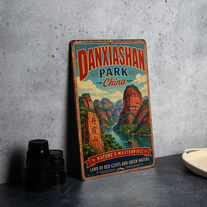 A vintage-style sign for Danxian Park, China, featuring a scenic mountain landscape with a river and boats.