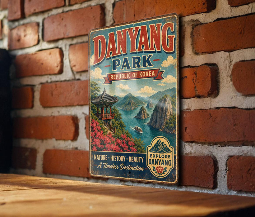 A vintage-style metal sign for Danyang Park, the Republic of Korea, is displayed on a brick wall.