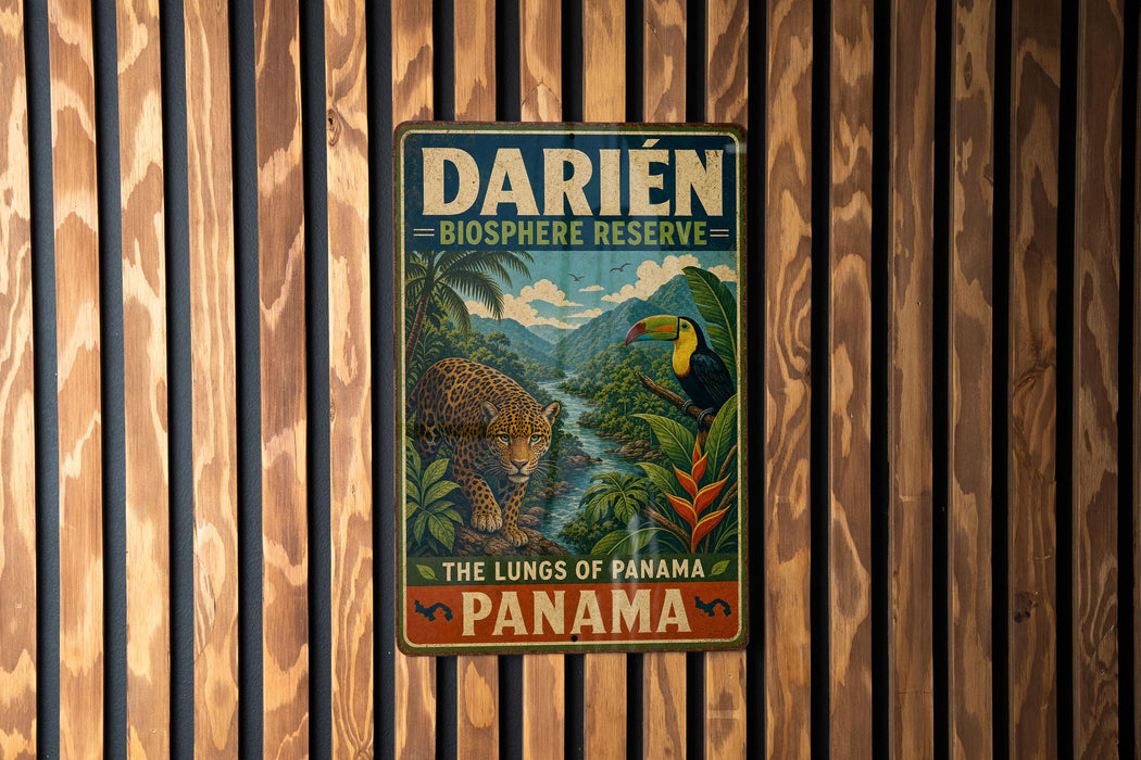 A vintage metal sign for the Darién Biosphere Reserve in Panama, featuring a lush tropical landscape with a jaguar and toucan.
