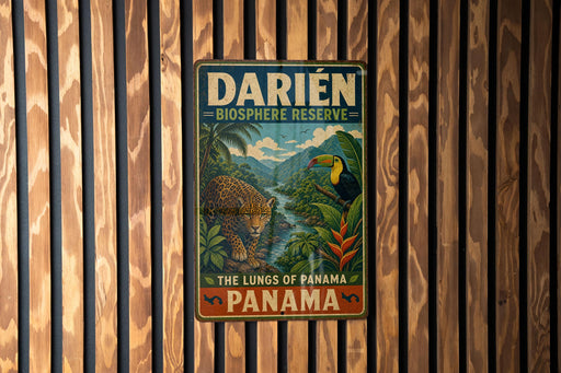 A vintage metal sign for the Darién Biosphere Reserve in Panama, featuring a lush tropical landscape with a jaguar and toucan.