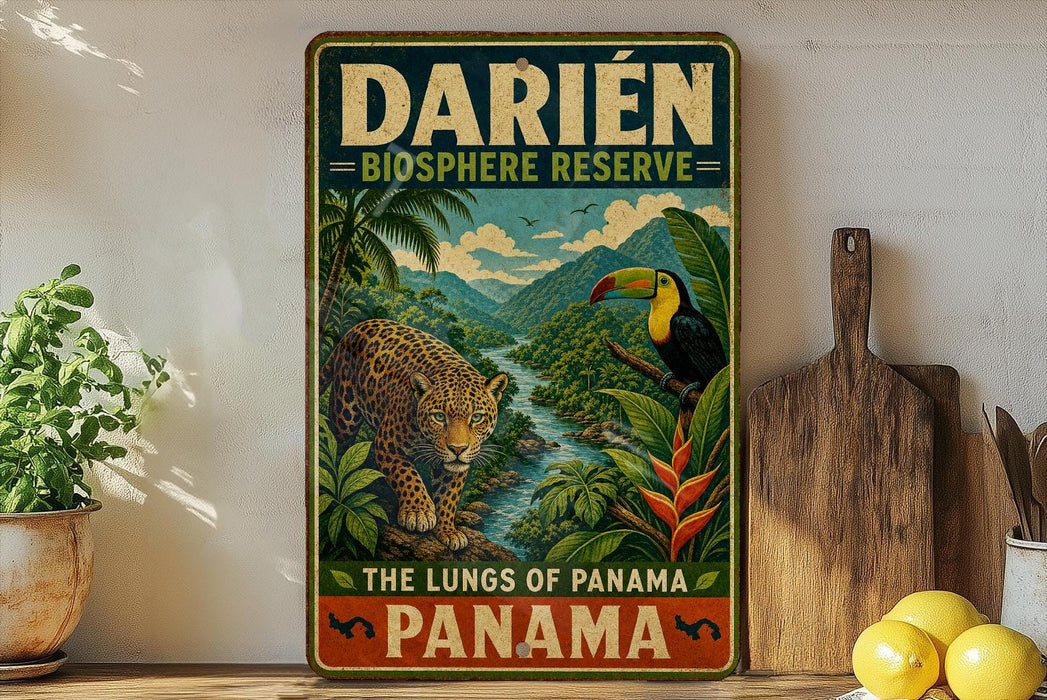 A vintage-style sign advertising the Darién Biosphere Reserve in Panama, featuring a leopard and a toucan in a lush, tropical landscape.