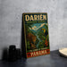 A vintage-style metal sign for Darien, the lungs of Panama, featuring a leopard and tropical foliage, is displayed on a gray countertop.