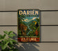 A vintage-style sign for the Darién Biosphere Reserve in Panama, featuring a leopard and a toucan in a lush, tropical landscape.