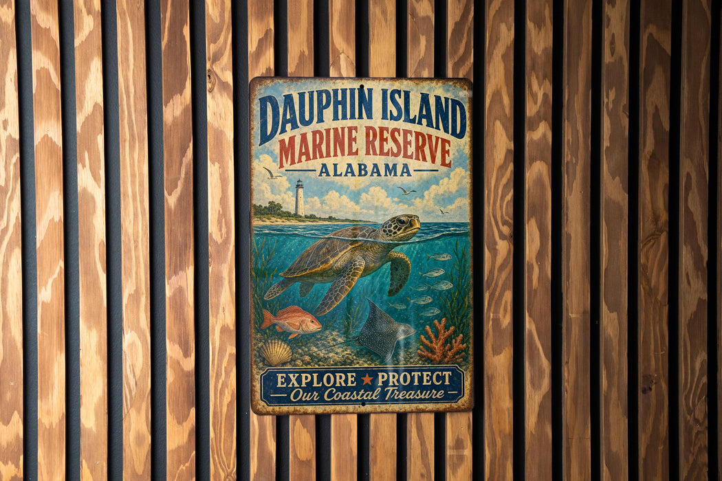 A vintage metal sign for Dauphin Island Marine Reserve, Alabama, featuring an illustration of a turtle swimming in the ocean.