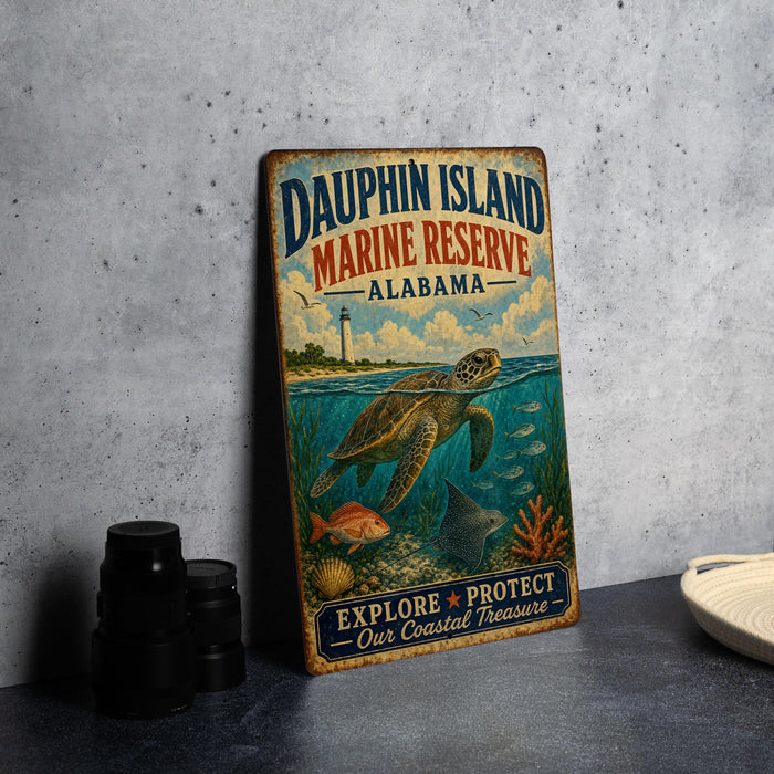 A vintage-style metal sign for Dauphin Island Marine Reserve, Alabama, featuring an illustration of a sea turtle swimming in the ocean.
