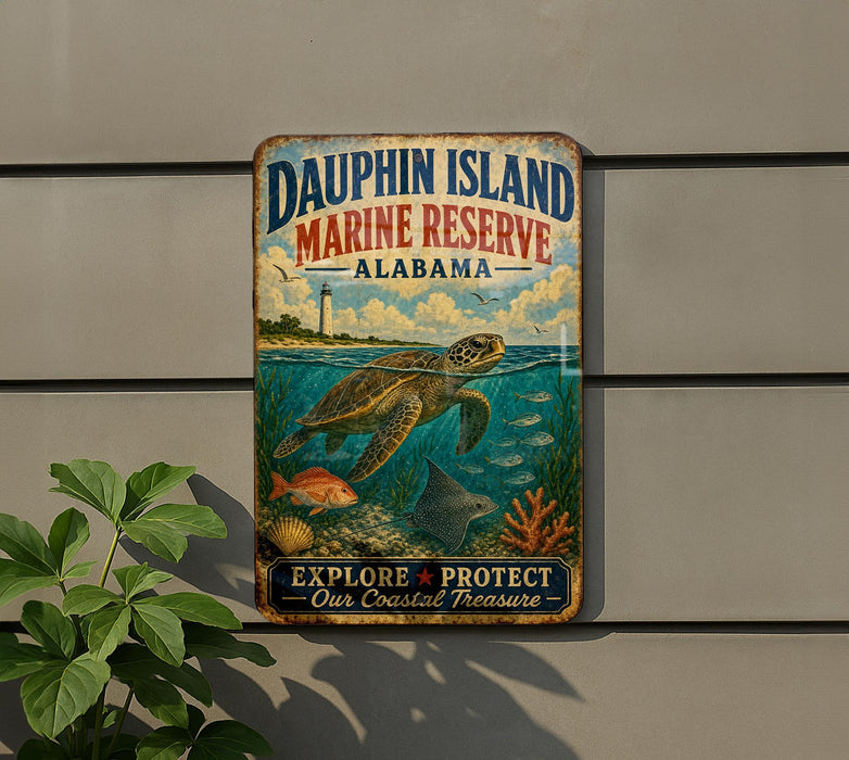 A vintage metal sign for Dauphin Island Marine Reserve in Alabama, featuring an illustration of a turtle swimming in the ocean.